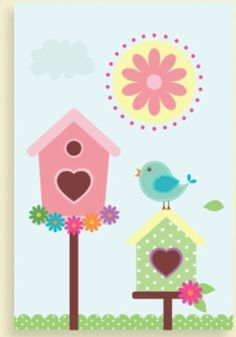 a bird is sitting on top of a birdhouse with flowers and a sun in the background