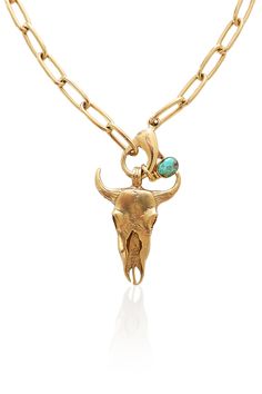 Lasso the spirit of the southwest with our Lone Star Long Horn Necklace. Hung from a gleaming gold chain, this piece is perfect for catching the summer sun. The real star of the show is the oversized longhorn pendant, its horns reaching out as if to embrace the captivating turquoise stone that hangs beside it. This stone, with its vibrant color variations, is a touch of earthy magic, grounding the bold gold and evoking the vast, open landscapes of the West. Whether you're a cowgirl at heart or s Western Style Gold Lariat Jewelry, Southwestern Style Gold Necklace For Gift, Long Horn, Real Star, Horn Necklace, Horn Pendant, Lone Star, Summer Sun, Turquoise Stone