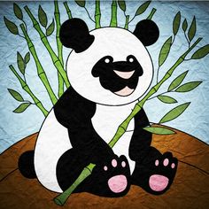 a panda bear sitting on top of a wooden table next to bamboo branches and flowers