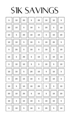 a printable six savings sheet with the numbers in black and white, as well as four