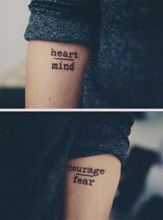 two pictures with the words heart mind and courage fear written on their arms, both showing tattoos