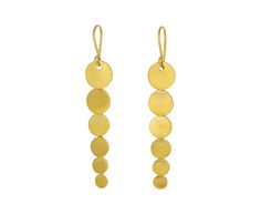 The fluid lines and feminine design of these cascade drop earrings by Jane Diaz make them a standout in any casual jewelry collection. The satin finished, gold plated circles hang freely from one and other in a linear arrangement emitting a sculptural, sophisticated presence. Easy to dress up or down, these give you the look of high karat gold, at a fraction of the price. total length : 2" graduated discs : 10mm - 5mm diameter gold plated ear wires Casual Jewelry, Feminine Design, Ear Wires, Wind Chimes, Circles, Jewelry Collection, Gold Plate, Dress Up, Plating