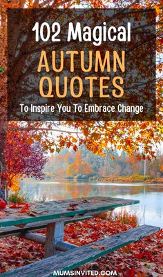 an autumn bench with leaves on the ground and text overlay reads,'103 magnificent autumn quotes to inspire you to embrace change