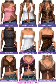 six different types of women's tops in various colors