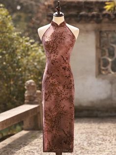 This is a sleeveless cheongsam in Brown color with flowers pattern. The dress length is about 118cm, and it features a zipper at the back. Size Chart: S: Shoulder width-35cm, Chest-83cm, Waist-66cm, Hip-86cm M: Shoulder width-36cm, Chest-87cm, Waist-70cm, Hip-90cm L: Shoulder width-37cm, Chest-91cm, Waist-74cm, Hip-94cm XL: Shoulder width-38cm, Chest-95cm, Waist-78cm, Hip-98cm 2XL: Shoulder width-39cm, Chest-99cm, Waist-82cm, Hip-102cm Please gently hand wash this cheongsam with water temperatur Sleeveless Cheongsam, Chinese Qipao, Cheongsam Modern, Cheongsam Dress, Chinese Dress, Rings Bracelets, Flowers Pattern, Halterneck Dress, Cheongsam