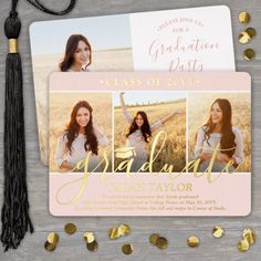 the graduation announcement card is shown with gold confetti and black tassels