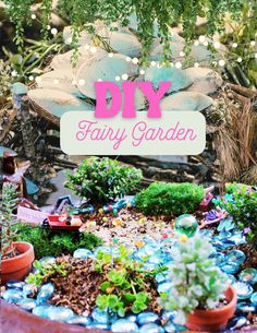 a potted planter filled with plants next to a sign that says diy fairy garden