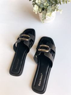 Black buckle flat slip on sandal Sizes 6-10