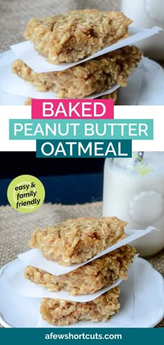 three oatmeal cookies stacked on top of each other with the words baked peanut butter oatmeal