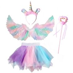 PRICES MAY VARY. Girls dress up costume includes rainbow bustier dress, Rainbow unicorn headband, Rainbow feather wings, princess wand. The unique design with fairy tale elements makes your little girl the most eye-catching center of attention in the crowd. The perfect gift set for girls ages 3-8. The toddler dress up will make her shine for birthdays, parties, cosplay and more! The Rainbow Skirt has an elastic waistband that fits most children, the skirt is 12 inches long, the rainbow feather w Unicorn 4th Birthday Party, Toddler Unicorn Costume, Princess Bustier, Unicorn Costume Kids, Toddler Dress Up, Rainbow Wings, Rainbow Feather, Unicorn Wings, Princess Wands