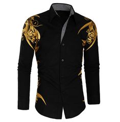 Looking for a shirt that combines classic vintage style with a trendy design? check out our vintage retro floral gold print contrast color slim fit shirt! featuring a beautiful floral gold print contrasted against a bold color, this shirt offers a unique and eye-catching look. the slim fit cut flatters your silhouette, making it suitable for any occasion, from casual outings to formal events. shop now and add a touch of vintage charm to your wardrobe! Dress Shirts For Men, Black And Gold Dress, Streetwear Winter, Hoodies Men Style, Street Clothing, Graduation Outfits, Gold Shirt, Winter Fashion Coats, Shirt Casual Style