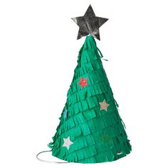 a green paper christmas tree with stars on top