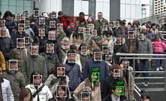 a group of people standing next to each other in front of a building with faces on them