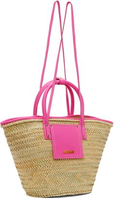 Hand-woven palm leaf and buffed leather tote in beige and pink. · Press-stud tab at rolled carry handles · Fixed crossbody straps · Patch pocket and logo hardware at face · Lanyard-clasp closure · Unlined · Logo-engraved gold-tone hardware · H11.5 x W20 x D6.5 Supplier color: Neon pink Pink Woven Leather Bag, Pink Woven Leather Bags For Summer, Summer Pink Woven Leather Bags, Pink Woven Leather Tote Shoulder Bag, Pink Straw Tote Bag With Leather Handles, Chic Pink Woven Leather Shoulder Bag, Chic Pink Straw Bag With Double Handle, Pink Straw Bag With Leather Handles For Shopping, Pink Rectangular Woven Leather Shoulder Bag