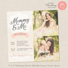 the mommy and me postcard is shown with two photos in pink, white and gray