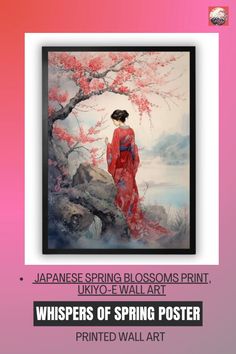 a woman in a red kimono standing next to a tree with pink flowers on it