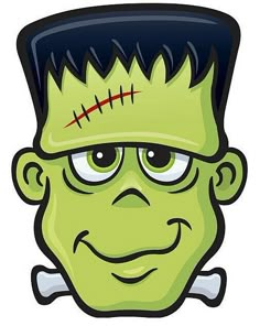 a cartoon zombie head with green hair and eyes