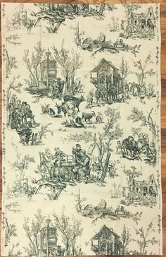 a table cloth with an image of people and animals on it