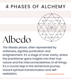 Alchemy is a mystical and symbolic process of transformation, both material and spiritual. It involves stages like Nigredo (blackness), Albedo (whiteness), Citrinitas (yellowness), and Rubedo (redness) to transmute base substances, explore inner growth, and attain spiritual enlightenment through the philosopher's stone. READY FOR THE GREAT WORK? The Great Work Alchemy, Nigredo Alchemy, Alchemy Symbols Sacred Geometry, Tarot Card Readings, Alchemic Symbols