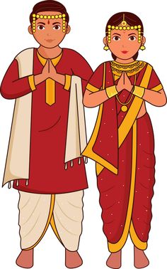 Maharashtrian Young Couple Wearing Wedding Dress In Namaste Pose. Maharashtrian Couple, Pose Standing, Couple Vector, Brown Eyes Aesthetic, Krishna Drawing, Vector Food, Couple Dress, Young Couple, Couple Cartoon