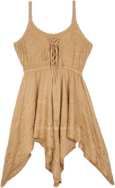 This intricately embroidered sleeveless dress evokes vintage western boho glamour.  Made from panels of textured rayon with embroidery all over, the corset-style top features adjustable straps and lacing to customize the fit. #tlb #Embroidered #bohemianfashion #Beigefairyshortdress Bohemian Dress With Lace Patchwork And Spaghetti Straps, Bohemian Spaghetti-strap Dress With Lace Patchwork, Sleeveless Lace Festival Dress, Festival Sleeveless Lace Dress, Sleeveless Lace Dress For Festival, Sleeveless Corset Dress With Lace-up Back, Spring Beige Sleeveless Corset Dress, Bohemian Sleeveless Boho Dress With Lace Trim, Bohemian Boho Dress With Lace Trim Sleeveless