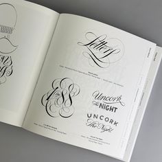 an open book with some type of calligraphy on the cover and in it's pages