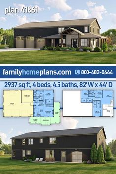 two story house plan with 3 beds, 4 baths and 2 bathrooms in the front