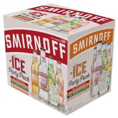 six bottles of smirnoff ice are in a box on a white background