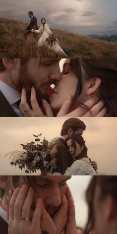 two different shots of people kissing and one has flowers in his hair while the other is wearing