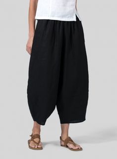 Linen Lantern Ankle Pants Versatile Baggy Wide Leg Ankle-length Pants, Chic Baggy Ankle-length Harem Pants, Chic Baggy Tapered Leg Harem Pants, Chic Baggy Harem Pants, Chic Harem Pants, Chic Baggy Cropped Bottoms, Baggy Straight Capris With Elastic Waistband, Versatile Baggy Ankle-length Pants, Baggy Bottoms With Elastic Waistband And Cropped Leg