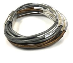 Bronze & Gray Leather Cuff Bracelet with Silver or Gold Tube Beads - Multi Strand Bangle Women's Bra Silver Double Band Adjustable Leather Bracelet, Silver Adjustable Double Band Leather Bracelet, Adjustable Double Band Silver Leather Bracelet, Adjustable Silver Double Band Leather Bracelet, Adjustable Silver Leather Bracelet With Magnetic Closure, Leather Cuff Bracelet, Leather Cuffs Bracelet, Gray Leather, Cheap Jewelry