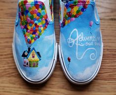 Adventure is Out There and you can tackle it with this custom pair of UP! shoes!  Each design can be personalized to your liking to include any character from the movie! Painted Canvas Shoes Invader Zim, Hand Painted Shoes Custom, Vans Art Shoes Disney, Belle Painted Shoes, Painted Cocomelon Shoes, Movie Themed Shoes, Custom Canvas Shoes, Disney Shoes Diy, Things To Paint On Shoes