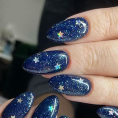 Taylor Swift Midnights Inspired Nails, Ravenclaw Inspired Nails, Space Themed Nails Acrylic, Star Night Nails, Starcatcher Nails, Midnight Rain Nails, Purple Celestial Nails, Cat Eye Aura Nails, Blue With Glitter Nails