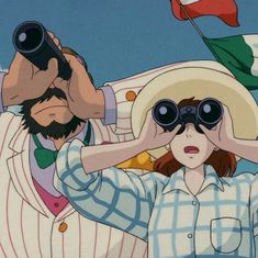 a man and woman looking through binoculars at the sky with flags flying in the background