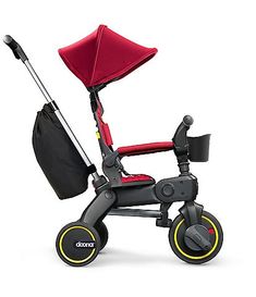 the stroller has a red seat and black wheels