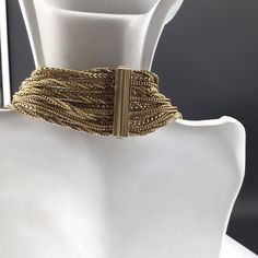 "In excellent condition Signed Christian Dior 1958 Clasp unfolds then slides out, a high quality piece that lets the necklace lay around your neckline beautifully. Clasp 1.5\" long 18.5\" shortest 7\" drape In Fabulous condition, no fading or wear, looks excellent." Luxury Multi-strand Necklace For Formal Occasions, Luxury Multi-strand Gold Jewelry, Luxury Multi-strand Gold Necklace, Luxury Gold Multi-strand Necklace, Gold Evening Choker Jewelry, Gold Choker For Evening, Elegant Gold-tone Chain Necklace For Evening, Elegant Gold Chain Choker For Formal Events, Elegant Gold Chain Choker For Formal Occasions