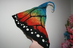 Giant Butterfly Wing Forest Fairy tale hat! Soft against skin.  This felted hood hat is a lovely Giant large size.  Inspired by the patterns on butterfly wings! :)  I hope this hat of nature will make your heart flutter with love!  Totally unique! One in the world! Ready To Ship! Hand Made Forest Fairy tale Hat! Beautiful Forest Fairy tale Woodland Folk Nymph Felted Pixie Fairy Hood Hat, Inspired by butterfly wings and patterns in nature! Bring out the story telling imagination in you! Unique. O Whimsical Handmade Costume Hat, Handmade Whimsical Hat For Cosplay, Handmade Whimsical Blue Hat, Adjustable Whimsical Felt Hat, Whimsical Handmade Felt Hat, Butterfly Hat, Giant Butterfly, Felted Hats, Pixie Fairy