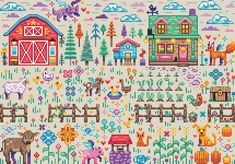 a cross stitch pattern with farm animals and houses