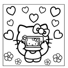 a hello kitty coloring page with hearts and flowers