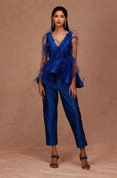 Shriya Som-Bright Blue Feather Peplum With Pant-INDIASPOPUP.COM Feather Applique, Peplum Belt, Dazzling Dress, India Dress, Sleeveless Peplum Top, Embellished Belt, Crystal Belt, Straight Fit Pants, Top And Pants Set