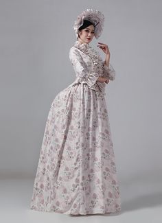 19th Century Champagne Floral Victorian Bustle Lolita Maid Dress Color:Champagne Floral  Material: This dress made of High Quality Satin, soft,smooth and comfortable to wear  Sleeve Length:  Three-quarter Sleeve  Dresses Length:Floor Length  Neckline:  V-Neck  Decoration: Ruffles + Lace  Package Includes:  Dress + Hat   The length of skirt about 45 inches (114 cm) long from waist to hem regardless of size. This dress is pictured with a 6-hoop skirt Petticoat underneath to achieve the look. Fitted Marie Antoinette Dress With Ruffles, Marie Antoinette Style Fitted Dress With Ruffles, Feminine Beige Maxi Dress With Ruffle Hem, Beige Feminine Maxi Dress With Ruffle Hem, Feminine Fitted Victorian Daywear Dress, Marie Antoinette Style Victorian Dress With Ruffles, Feminine Fitted Victorian Dress For Daywear, Fitted Feminine Victorian Dress For Daywear, Cream Maxi Dress With Ruffle Hem