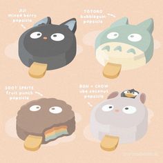 four different types of ice creams with cartoon faces and words describing them in english