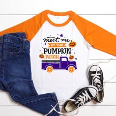 The perfect shirt for a school or family trip to the pumpkin patch! Available in raglan, ruffle, or classic t-shirt style. Be sure to let us know your color preference! Cute Fall School Tops, Cute Tops For School In Fall, School Crew Neck T-shirt For Fall, White Raglan Sleeve T-shirt For Fall, Crew Neck T-shirt For School In Fall, Cute Fall Tops For School, School Spirit Long Sleeve T-shirt For Fall, Long Sleeve School Spirit T-shirt For Fall, Long Sleeve T-shirt For School Spirit In Fall