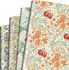 four different colored papers with floral designs on them