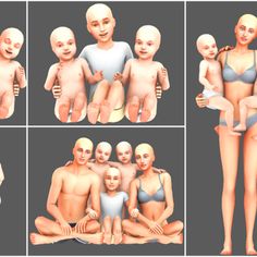 multiple images of the same family in different poses, including an adult and two children