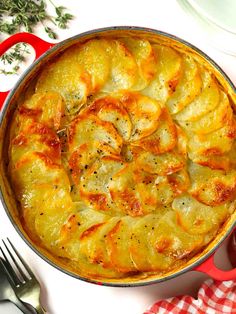 a casserole dish with potatoes and parmesan cheese in it on a red checkered table cloth