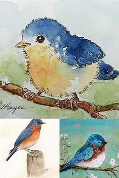 three paintings of birds sitting on top of a tree branch, one is blue and the other has yellow feathers