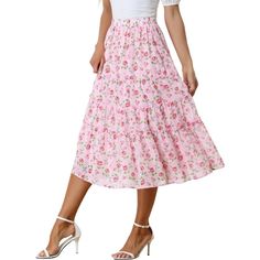 It is a perfect piece to be paired with a crop top or basic tee and sneakers for a stunning day look or styled with sandals to go out! A versatile floral skirt for daily casual style, or an eye-catching piece as a chiffon skirt. This long chiffon skirt creates an effortlessly elegant silhouette with its cinched waist and a tiered hem. This A-line skirt features a dainty floral print, ruched ruffles, and a tiered design in a perfect ankle length. Cut from chiffon fabric and soft lining with a flo Picnic Skirt, Boho Midi Skirt, Long Chiffon Skirt, Long Floral Skirt, Pink Floral Skirt, Ruffle Maxi Skirt, Tiered Midi Skirt, Chiffon Floral, Long Skirts