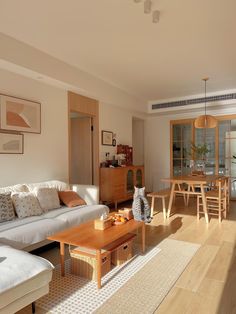 a living room filled with furniture and a cat sitting on top of a coffee table