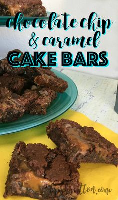 chocolate chip and caramel cake bars stacked on top of each other with the words, chocolate chip & caramel cake bars